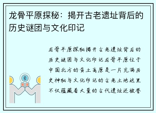 龙骨平原探秘：揭开古老遗址背后的历史谜团与文化印记