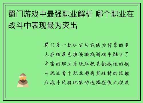 蜀门游戏中最强职业解析 哪个职业在战斗中表现最为突出