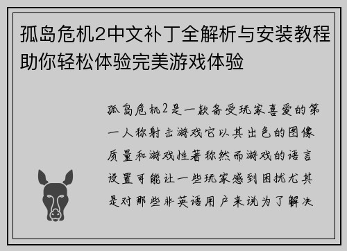 孤岛危机2中文补丁全解析与安装教程助你轻松体验完美游戏体验